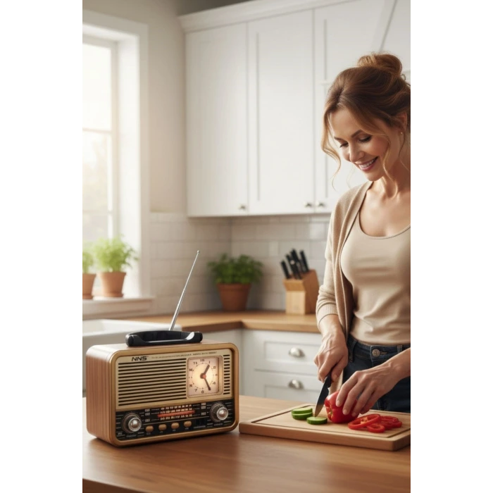 İpek Yıldızı® Orta Boy Saat Göstergeli Retro Ahşap Tasarım Bluetooth Hoparlörlü Radyo – FM/AM Destekli, Şarjlı ve Taşınabilir Radyo NS-8898
