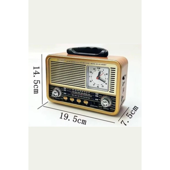 İpek Yıldızı® Orta Boy Saat Göstergeli Retro Ahşap Tasarım Bluetooth Hoparlörlü Radyo – FM/AM Destekli, Şarjlı ve Taşınabilir Radyo NS-8898