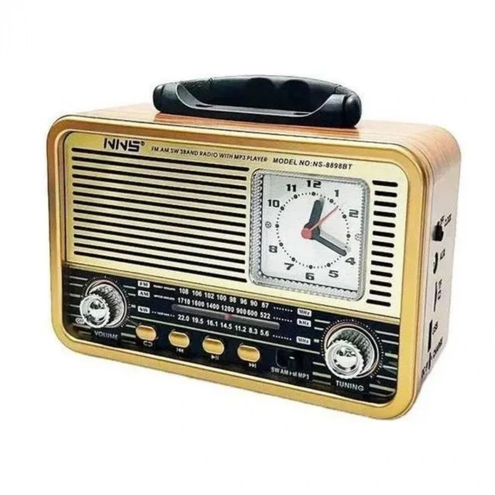 İpek Yıldızı® Orta Boy Saat Göstergeli Retro Ahşap Tasarım Bluetooth Hoparlörlü Radyo – FM/AM Destekli, Şarjlı ve Taşınabilir Radyo NS-8898