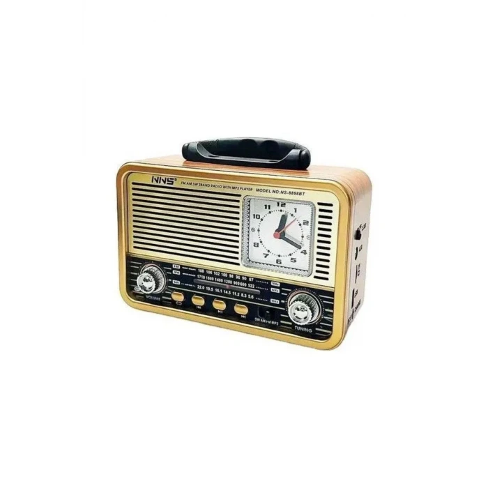 İpek Yıldızı® Orta Boy Saat Göstergeli Retro Ahşap Tasarım Bluetooth Hoparlörlü Radyo – FM/AM Destekli, Şarjlı ve Taşınabilir Radyo NS-8898