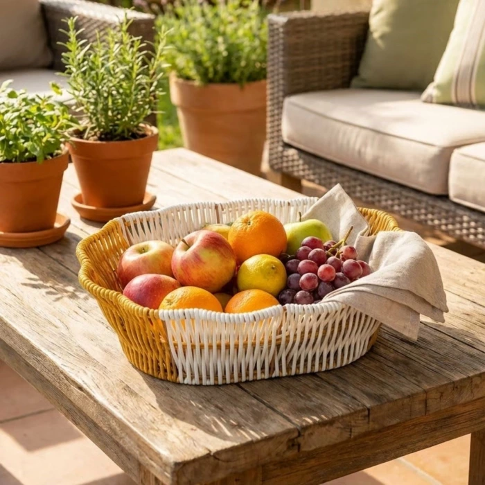 İpek Yıldızı® Oval Çift Renkli Plastik Rattan Ekmek ve Meyve Sepeti - Çok Amaçlı Banyo ve Mutfak Düzenleyici - Yıkanabilir Dekoratif Tezgâh Üstü Organ