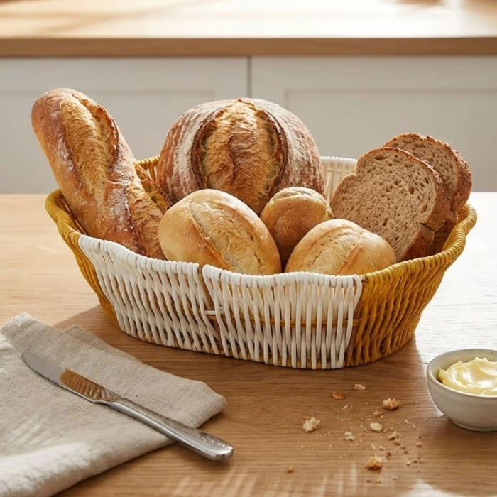 İpek Yıldızı® Oval Çift Renkli Plastik Rattan Ekmek ve Meyve Sepeti - Çok Amaçlı Banyo ve Mutfak Düzenleyici - Yıkanabilir Dekoratif Tezgâh Üstü Organ