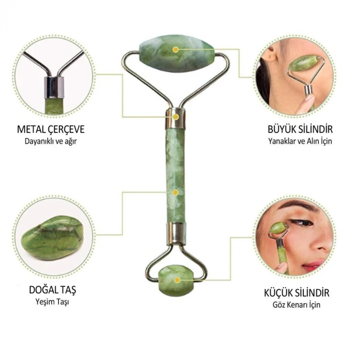İpek Yıldızı® Özel Süngerli Kutusunda Kırılmaz Çift Taraflı 2li Cilt Yüz Masaj Aleti Jade Roller Yeşim Taş