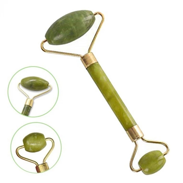 İpek Yıldızı® Özel Süngerli Kutusunda Kırılmaz Çift Taraflı 2li Cilt Yüz Masaj Aleti Jade Roller Yeşim Taş