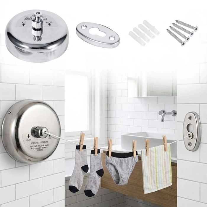 İpek Yıldızı® Paslanmaz Çelik Geri Çekilebilir Çamaşır İpi – Duvar Tipi Duvara Monte Banyo,Balkon,Bahçe Çamaşır Kurutma Askısı