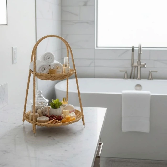 İpek Yıldızı® Plastik Rattan İki Katlı Sunumluk–Dekoratif Organizer, Mutfak Meyve,Sebze Sepeti, Banyo Düzenleyici Raf,Masaüstü Çok Amaçlı Sunum Standı