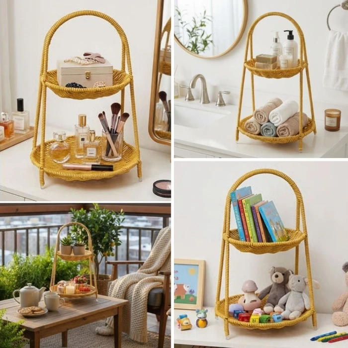 İpek Yıldızı® Plastik Rattan İki Katlı Sunumluk–Dekoratif Organizer, Mutfak Meyve,Sebze Sepeti, Banyo Düzenleyici Raf,Masaüstü Çok Amaçlı Sunum Standı