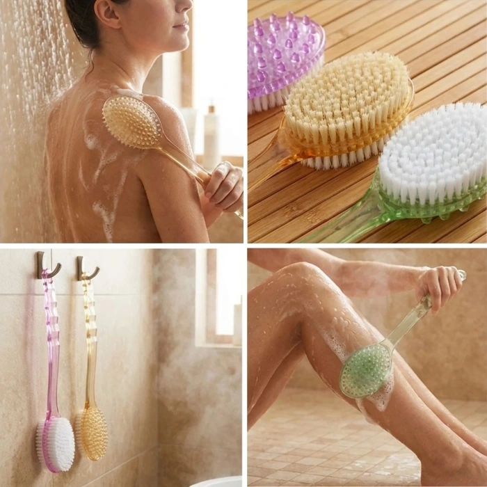 İpek Yıldızı® Plastik Saplı Vücut Temizleme Fırçası - Çok Amaçlı Sırt ve Vücut İçin Banyo ve Duş Kese Aparatı