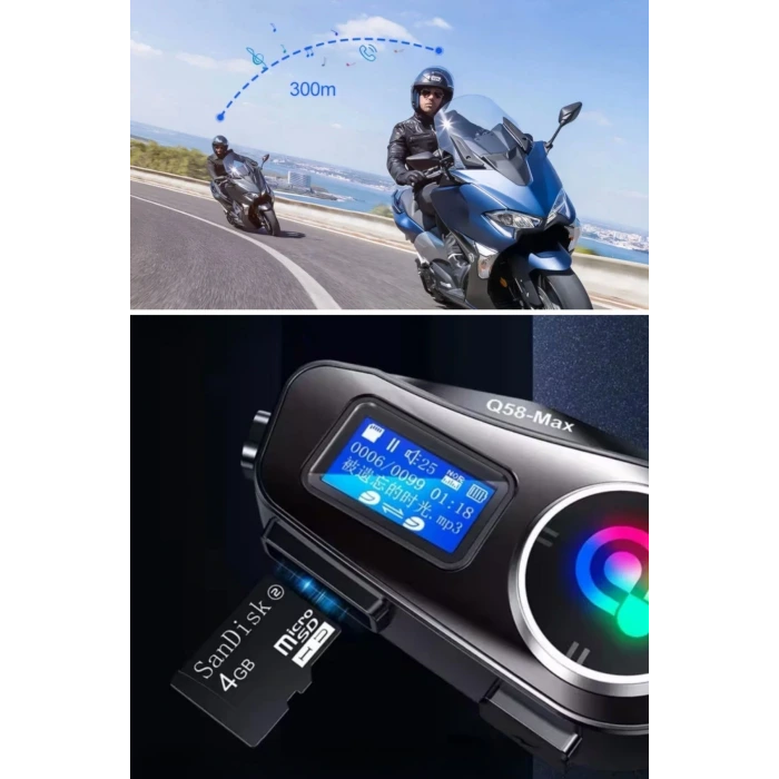 İpek Yıldızı® Q58 Motorsikletler İçin Fener Özellikli SD Kart Bölümlü LCD Ekranlı Kablosuz Bluetooth Kulaklıklı – Suya Dayanıklı Kask Kulaklığı