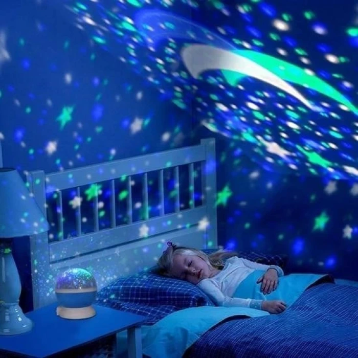 İpek Yıldızı Renkli Ay Yıldız Tavan Yansıtma Pilli Led Gece Lambası Gökyüzü Projeksiyonlu Dönen Küre