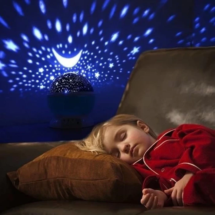 İpek Yıldızı Renkli Ay Yıldız Tavan Yansıtma Pilli Led Gece Lambası Gökyüzü Projeksiyonlu Dönen Küre