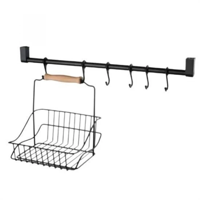 İpek Yıldızı® Retro Ferforje Askılı Siyah Ahşap Kulplu Düzenleyici Mutfak Sepeti