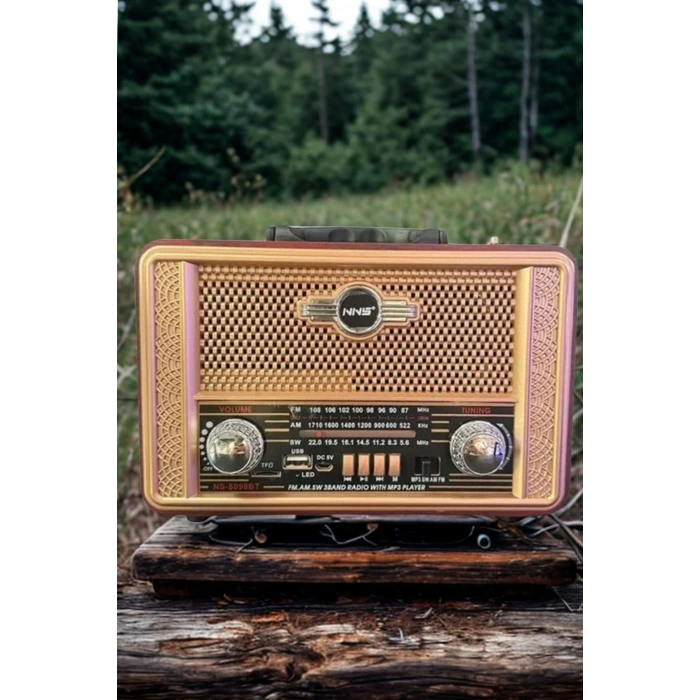 İpek Yıldızı® Retro, Nostaljik, Ahşap Tasarım Bluetooth Hoparlörlü, Şarjlı, Taşınabilir Otantik Tasarımlı FM/AM Destekli Radyo NS8098
