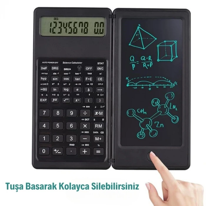 İpek Yıldızı® Silinebilir LCD Yazı Tabletli,Kalemli Katlanabilir Bilimsel Hesap Makinesi
