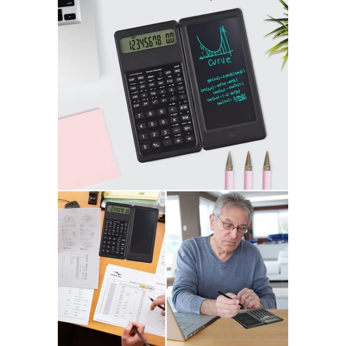 İpek Yıldızı® Silinebilir LCD Yazı Tabletli,Kalemli Katlanabilir Bilimsel Hesap Makinesi