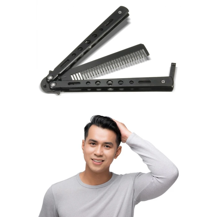 İpek Yıldızı® Siyah Katlanabilir Paslanmaz Çelik Kelebek Bıçak Tarak Sakal Bıyık Fırçası Profesyonel Saç Kesimi İçin Tarak
