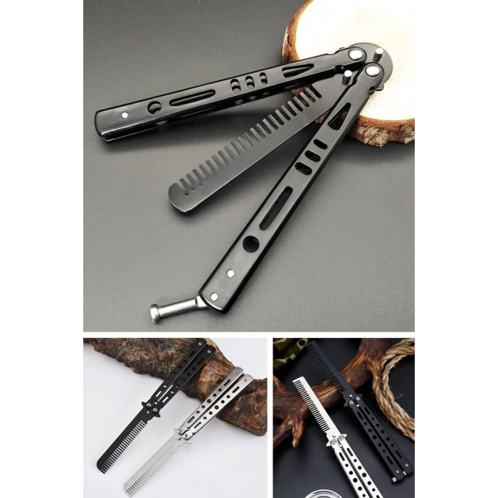 İpek Yıldızı® Siyah Katlanabilir Paslanmaz Çelik Kelebek Bıçak Tarak Sakal Bıyık Fırçası Profesyonel Saç Kesimi İçin Tarak