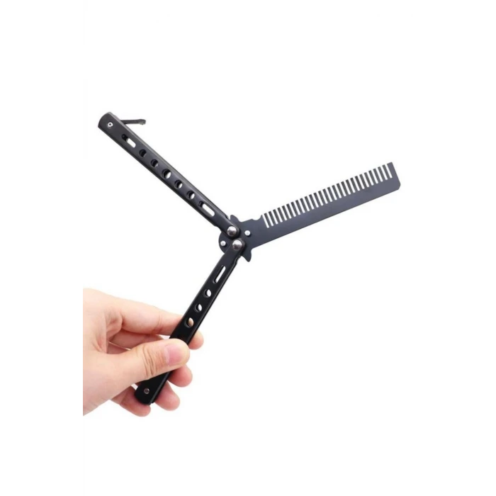 İpek Yıldızı® Siyah Katlanabilir Paslanmaz Çelik Kelebek Bıçak Tarak Sakal Bıyık Fırçası Profesyonel Saç Kesimi İçin Tarak