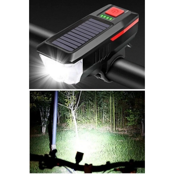 İpek Yıldızı® Solar Enerjili USB ile Şarj Edilebilir Ledli Bisiklet Feneri Kornalı ve Su Geçirmez Far