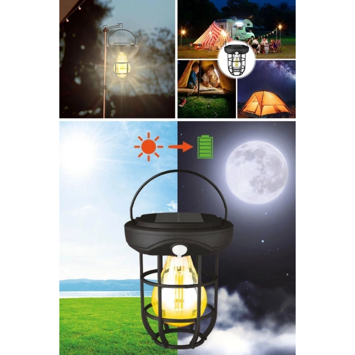 İpek Yıldızı® Solar Kamp Feneri – Güneş Enerjili, Otomatik Şarj ve Gece Işığı, Taşınabilir ve Asılabilir LED Dış Mekan Lamba
