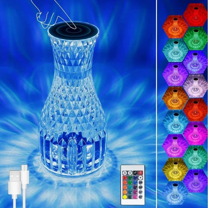 İpek Yıldızı® Sürahi Model USB Şarjlı Kumandalı 16 Farklı Işık Modlu Masa Üstü Kristal Akrilik Lamba Led