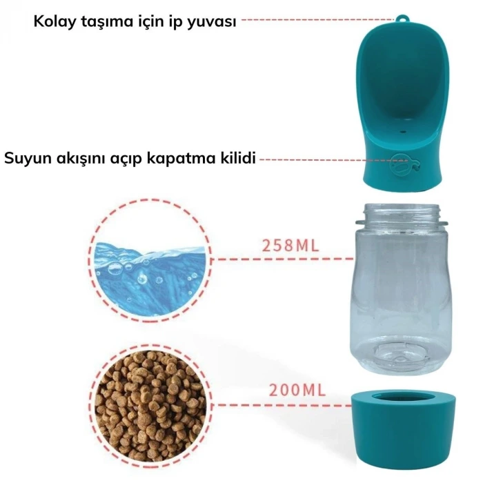 İpek Yıldızı® Taşınabilir Mama Hazneli Evcil Hayvan Suluğu Seyahat Kabı Kilitlenebilen Su Sızdırmaz 380ML