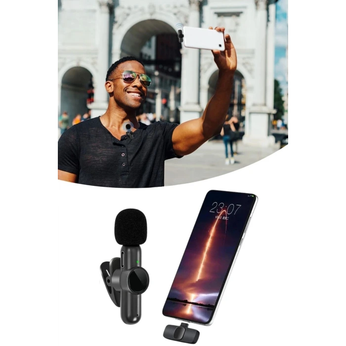 İpek Yıldızı® Type C Uyumlu İphone Dönüştürücülü Kablosuz Yaka Mikrofonu Android ve İphone Uyumlu Mini Mikrofon