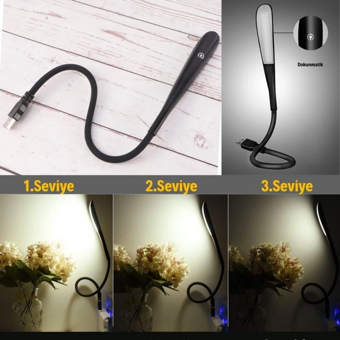 İpek Yıldızı® USB Girişli 14 Ledli 3 Kademeli Dokunmatik Masa/Kitap Okuma Lambası Ledi Siyah