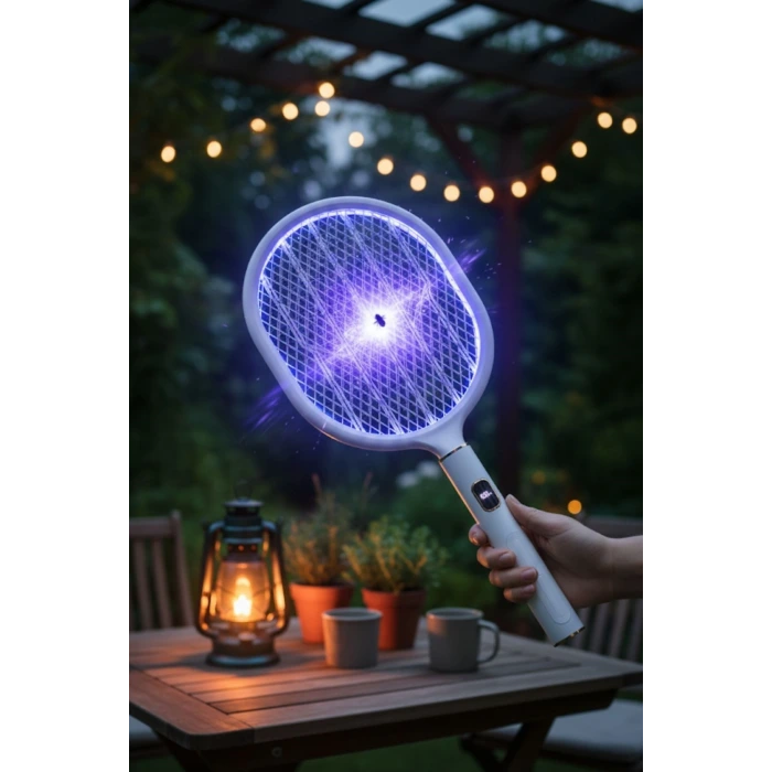 İpek Yıldızı® USB Şarjlı Beyaz Renk Kendiliğinden Standlı Şarj Göstergeli UV Işıklı Sinek Öldürme Raketi LTD-718