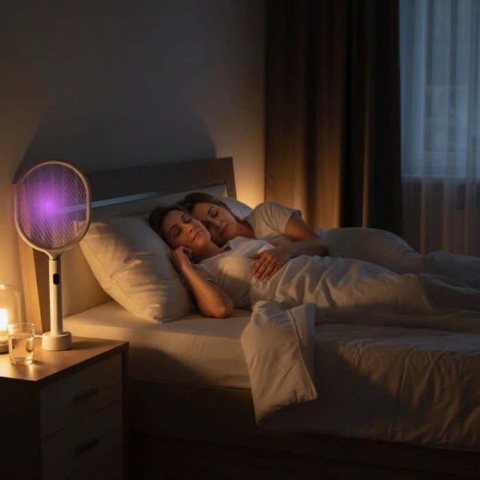 İpek Yıldızı® USB Şarjlı Beyaz Renk Kendiliğinden Standlı Şarj Göstergeli UV Işıklı Sinek Öldürme Raketi LTD-718