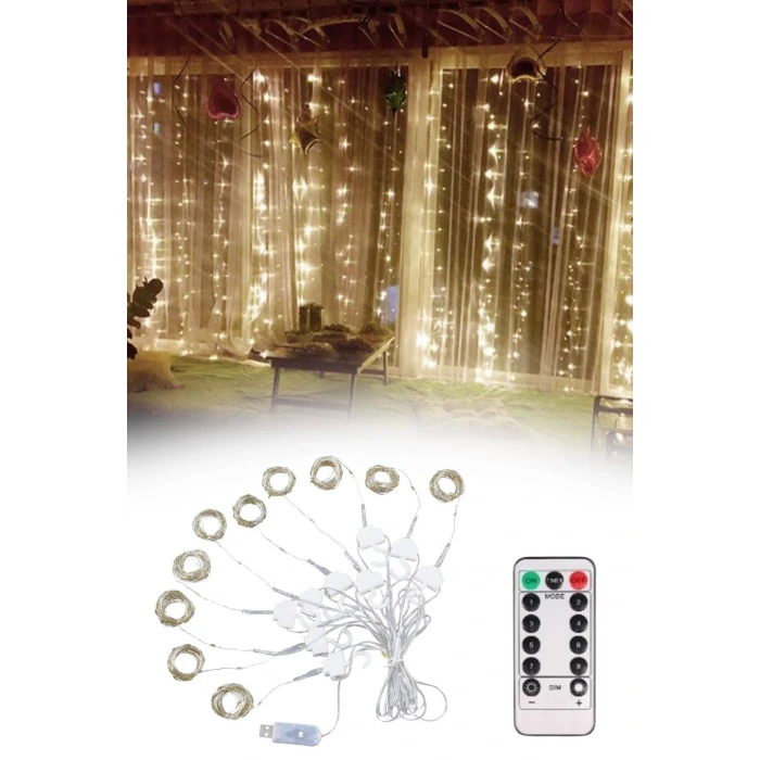 İpek Yıldızı® Uzaktan Kumandalı LED Perdeye Takılabilen Kancalı Işık Usb 3x3 Metre Peri Perde LED