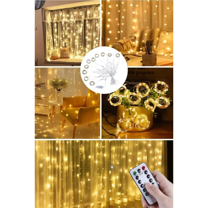 İpek Yıldızı® Uzaktan Kumandalı LED Perdeye Takılabilen Kancalı Işık Usb 3x3 Metre Peri Perde LED