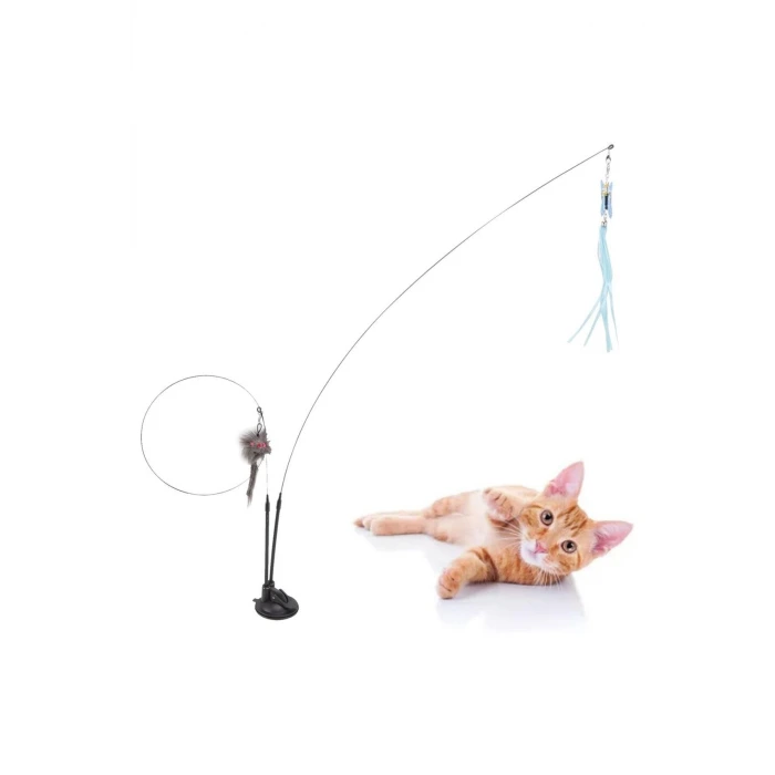 İpek Yıldızı® Vantuzlu Tüylü Zilli Olta Kedi Oyuncağı 2 Oltalı