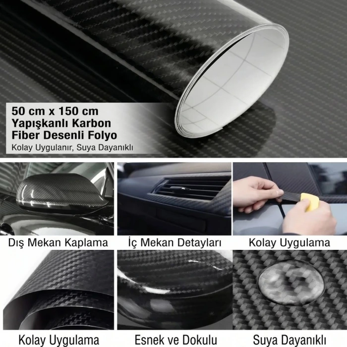 İpek Yıldızı® Yapışkanlı Karbon Fiber Folyo 30 Cm x 150 Cm – Araç,Konsol,Torpido,Ayna,Kapı ve Dış Yüzey Kaplama Filmi