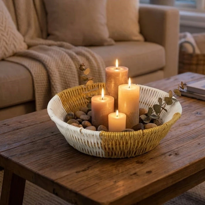 İpek Yıldızı® Yuvarlak Çift Renkli Plastik Rattan Ekmek ve Meyve Sepeti - Çok Amaçlı Banyo ve Mutfak Düzenleyici - Yıkanabilir Tezgâh Üstü Organizer