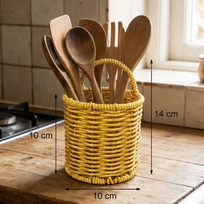 İpek Yıldızı® Yuvarlak Hasır Dokulu Plastik Rattan Kaşıklık & Çatallık – Askılı Kendiliğinden Tutmalı Çok Amaçlı Mutfak Organizeri