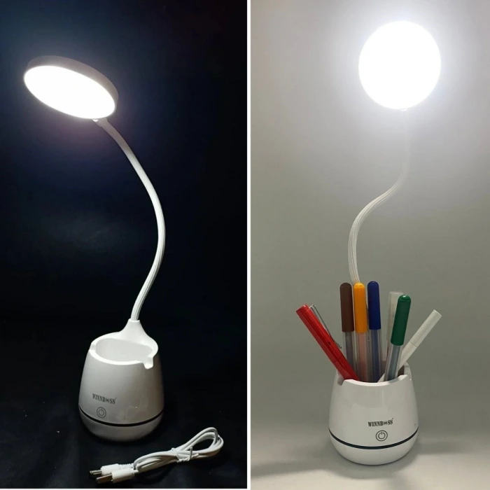İpek Yıldızı®Kalemlikli Telefon Tutacaklı Şarjlı Dokunmatik 3 Mod Esnek Başlıklı Dimmerli LED Masa Lambası