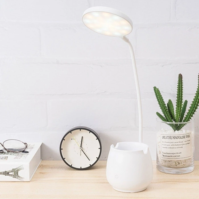 İpek Yıldızı®Kalemlikli Telefon Tutacaklı Şarjlı Dokunmatik 3 Mod Esnek Başlıklı Dimmerli LED Masa Lambası