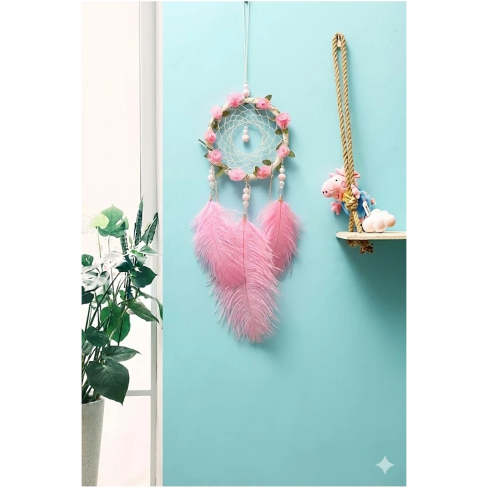 Işıklı Pembe Gül Detaylı El Yapımı Rüya Kapanı - Romantik Duvar Süsü & Hediyelik Düş Kapanı