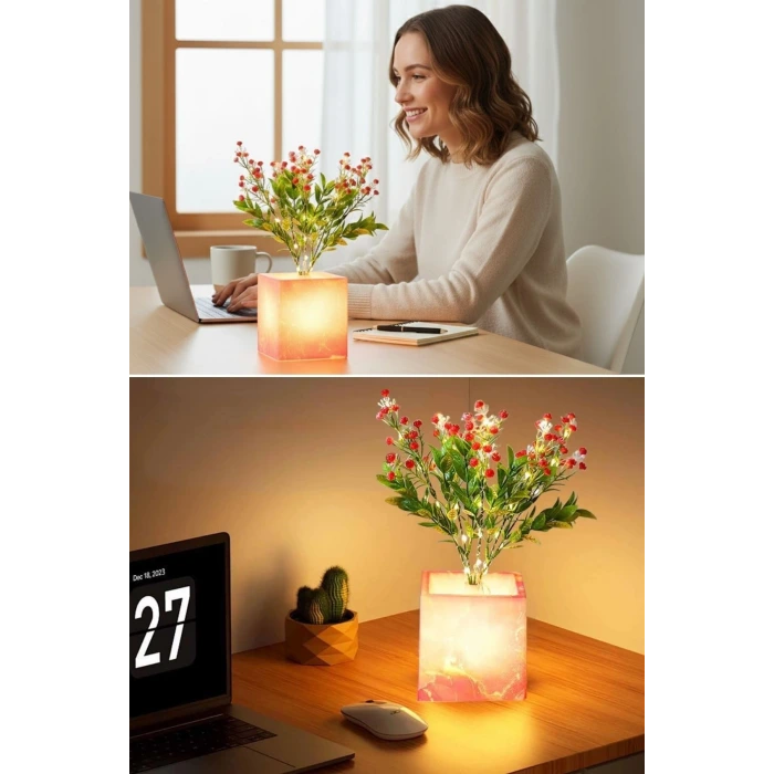 Işıklı Yapay Çiçek – Pembe Saksılı LED Dekoratif Bitki, Masaüstü ve Ev Ofis Aydınlatmalı Süs Bitkisi