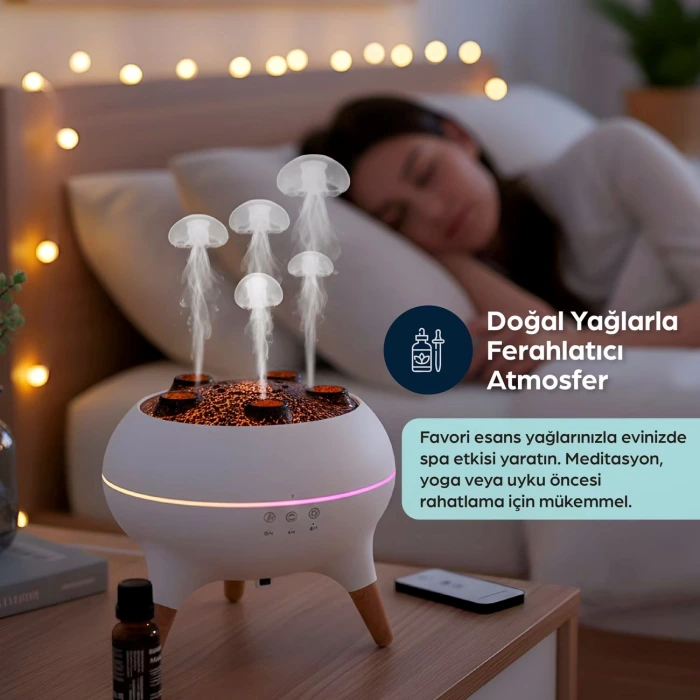Jellyfish Ultrasonik Hava Nemlendirici – Deniz Anası Tasarımlı, Kumandalı, LED Işıklı ve Sese Duyarlı Ritim Modlu Buhar Makinesi