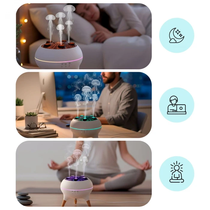 Jellyfish Ultrasonik Hava Nemlendirici – Deniz Anası Tasarımlı, Kumandalı, LED Işıklı ve Sese Duyarlı Ritim Modlu Buhar Makinesi