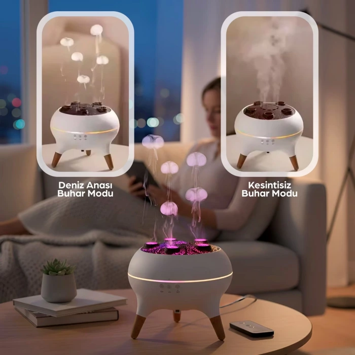 Jellyfish Ultrasonik Hava Nemlendirici – Deniz Anası Tasarımlı, Kumandalı, LED Işıklı ve Sese Duyarlı Ritim Modlu Buhar Makinesi