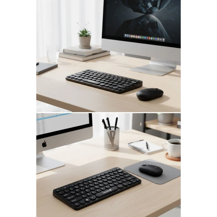 Kablosuz Lacivert Bluetooth Klavye Mouse Seti – Yuvarlak Tuşlu Tasarım, Türkçe Q Dizilim, Taşınabilir, Ev ve Ofis Kullanımına Uygun