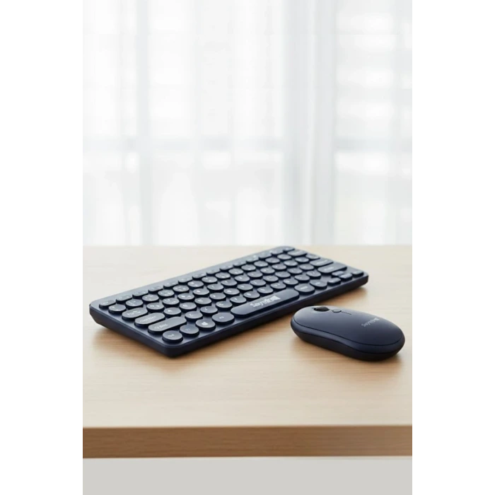Kablosuz Lacivert Bluetooth Klavye Mouse Seti – Yuvarlak Tuşlu Tasarım, Türkçe Q Dizilim, Taşınabilir, Ev ve Ofis Kullanımına Uygun