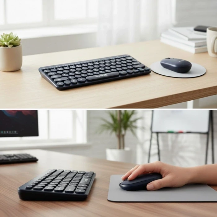 Kablosuz Lacivert Bluetooth Klavye Mouse Seti – Yuvarlak Tuşlu Tasarım, Türkçe Q Dizilim, Taşınabilir, Ev ve Ofis Kullanımına Uygun