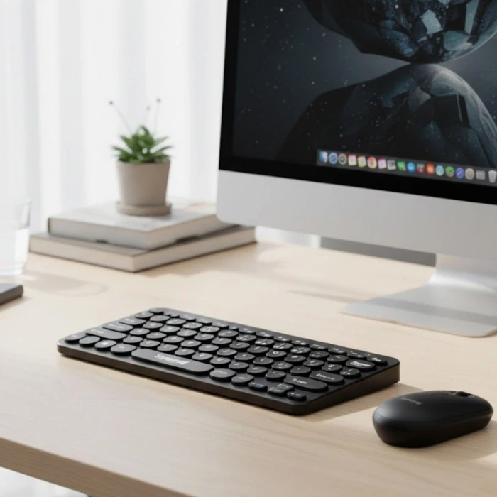 Kablosuz Lacivert Bluetooth Klavye Mouse Seti – Yuvarlak Tuşlu Tasarım, Türkçe Q Dizilim, Taşınabilir, Ev ve Ofis Kullanımına Uygun