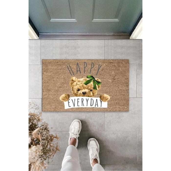 Kahverengi Kapı Önü Paspası Happy Everday Ayıcık Desen  K-3237