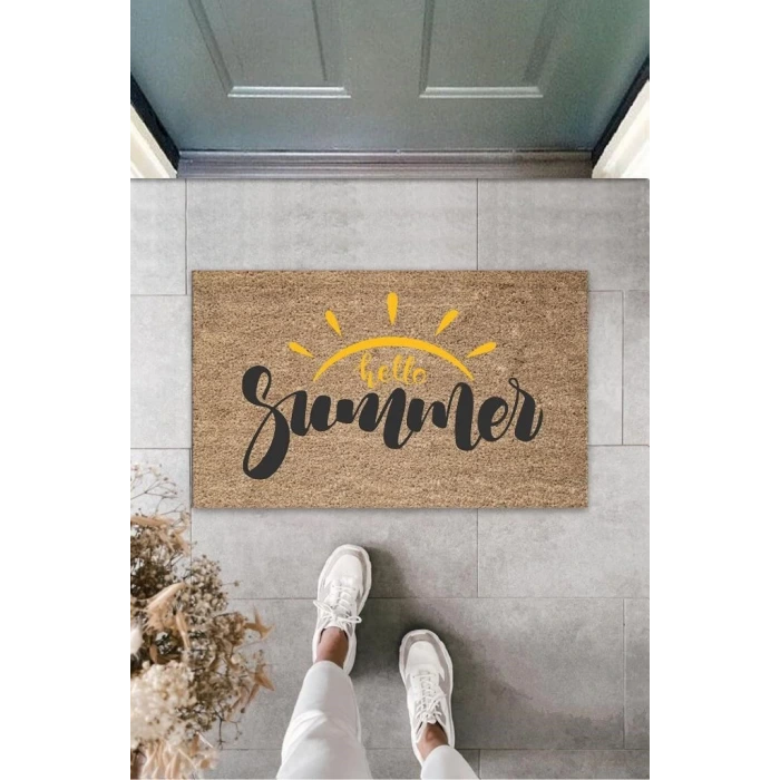 Kahverengi Kapı Önü Paspası Hello Summer Güneş Desen  K-3270
