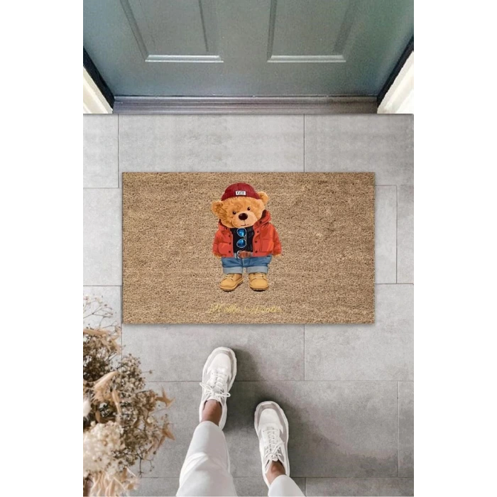 Kahverengi Kapı Önü Paspası Hello Winter Ayıcık Desen  K-3245